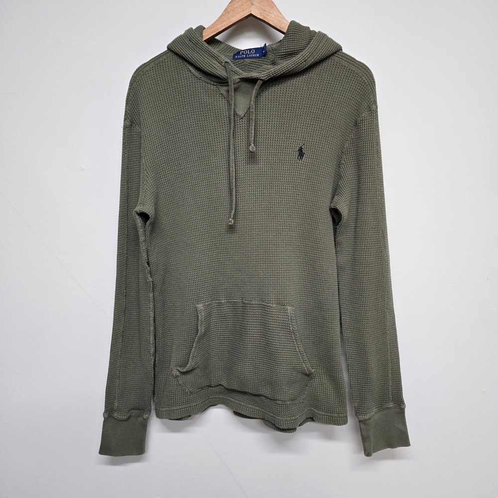 Polo Ralph Lauren Waffle Knit Hoodie Mens M Green Cotton Thermal Casual Preppy